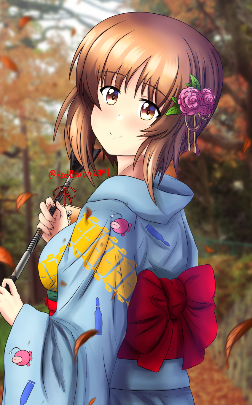 1girl anglerfish arrow_(projectile) autumn_leaves bangs blue_kimono blurry blurry_background blush boko_(girls_und_panzer) brown_eyes brown_hair bullet caterpillar_tracks closed_mouth commentary day depth_of_field ema emblem eyebrows_visible_through_hair floral_print flower from_side girls_und_panzer hair_flower hair_ornament hamaya hatsumoude highres holding holding_arrow japanese_clothes kimono new_year nishizumi_miho obi outdoors print_kimono redbaron sash short_hair smile solo standing tree twitter_username