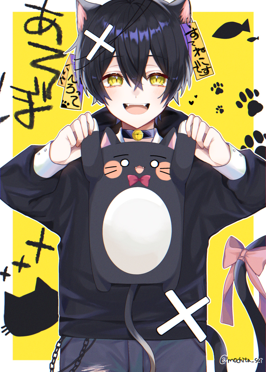 1boy absurdres animal_ears bell black_hair cat cat_boy cat_ears collar hair_ornament hairclip highres hood hoodie male_focus mochita_sei neck_bell original pale_skin paw_print talisman yellow_background yellow_eyes