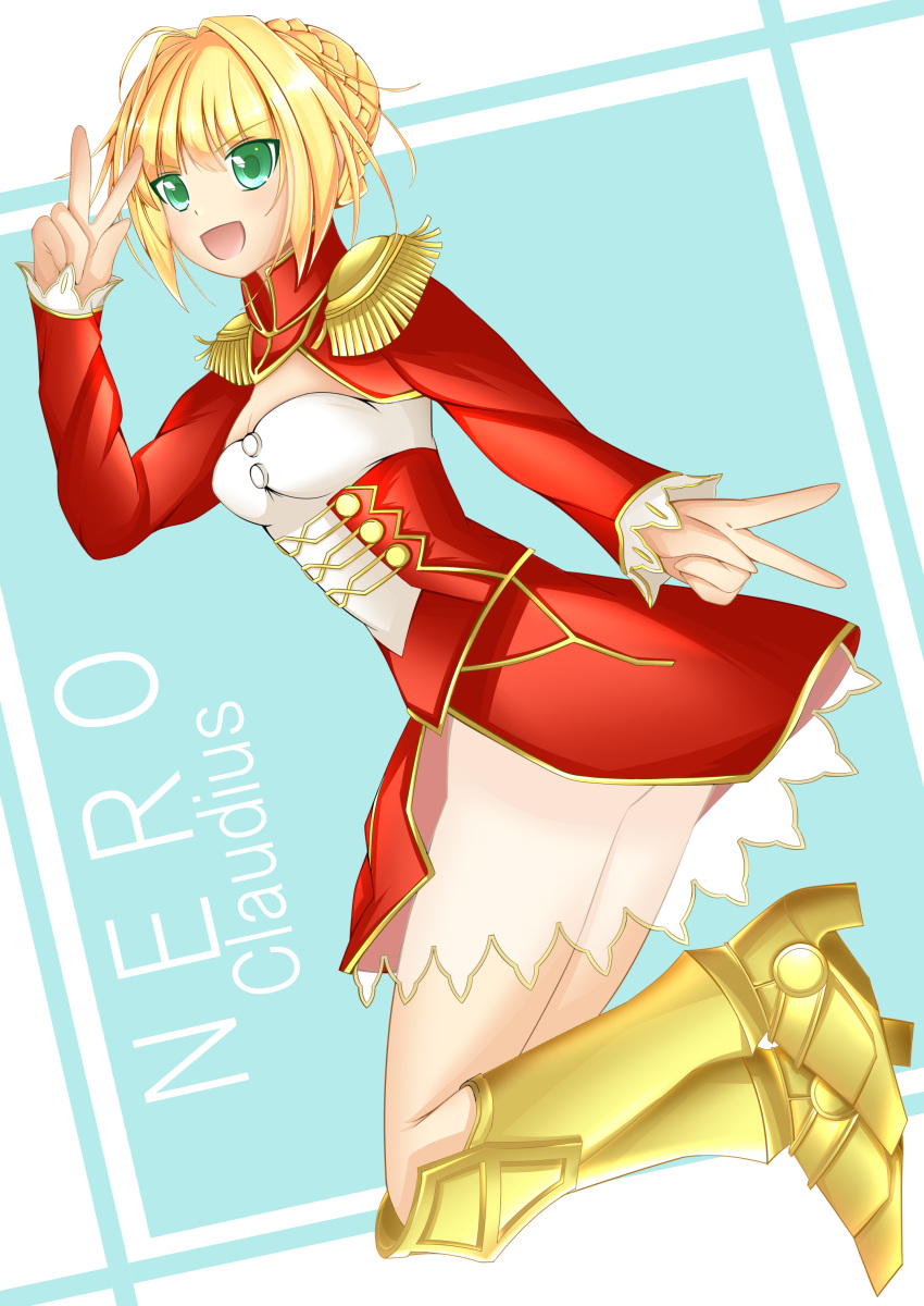 1girl ahoge blonde_hair blurry breasts cleavage corset fate/extra fate/grand_order fate_(series) flower green_eyes hair_flower hair_ornament highres looking_at_viewer nero_claudius_(fate)_(all) ocean petals saber_extra short_hair skusu smile solo