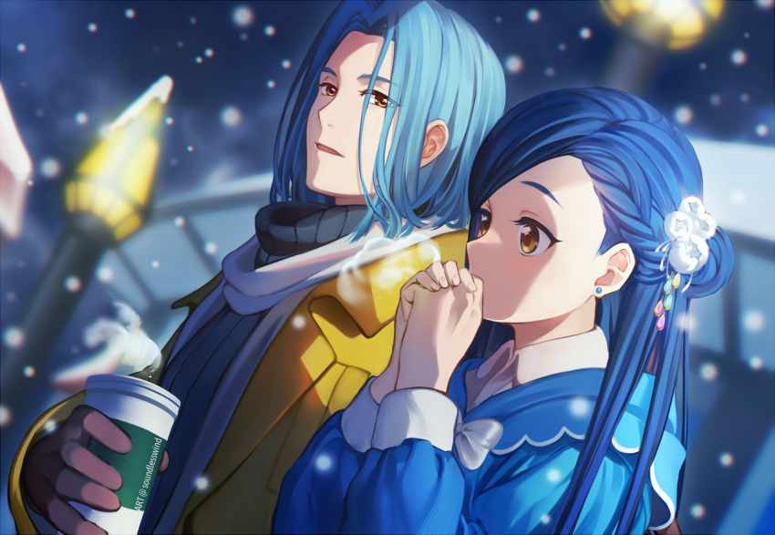 1boy 1girl blue_dress blue_hair blurry blurry_background bow bowtie braid brown_eyes brown_gloves can coat collared_shirt dress dress_shirt dutch_angle earrings ferdinand_(honzuki_no_gekokujou) flower gloves grey_sweater hair_between_eyes hair_flower hair_ornament holding holding_can honzuki_no_gekokujou jewelry kaze-hime long_hair maine_(honzuki_no_gekokujou) open_clothes open_coat open_mouth outdoors own_hands_together ribbed_sweater scarf shirt snowing sweater tied_hair turtleneck turtleneck_sweater twitter_username upper_body white_bow white_bowtie white_flower white_scarf white_shirt wing_collar winter yellow_coat