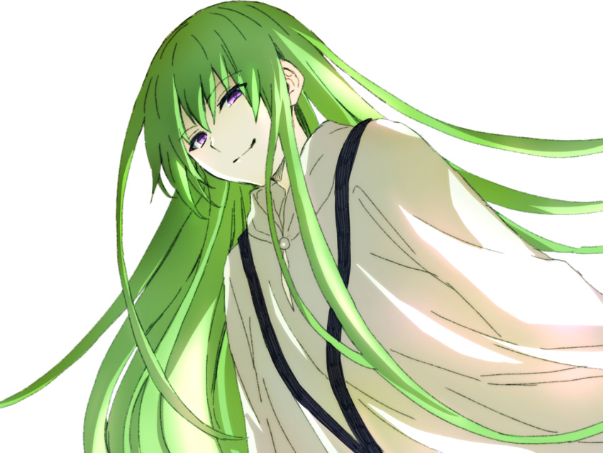 1other bangs closed_mouth eyebrows_visible_through_hair fate/strange_fake fate_(series) green_hair hair_between_eyes kingu_(fate) long_hair looking_at_viewer robe simple_background smile solo tachitsu_teto upper_body very_long_hair violet_eyes white_background white_robe