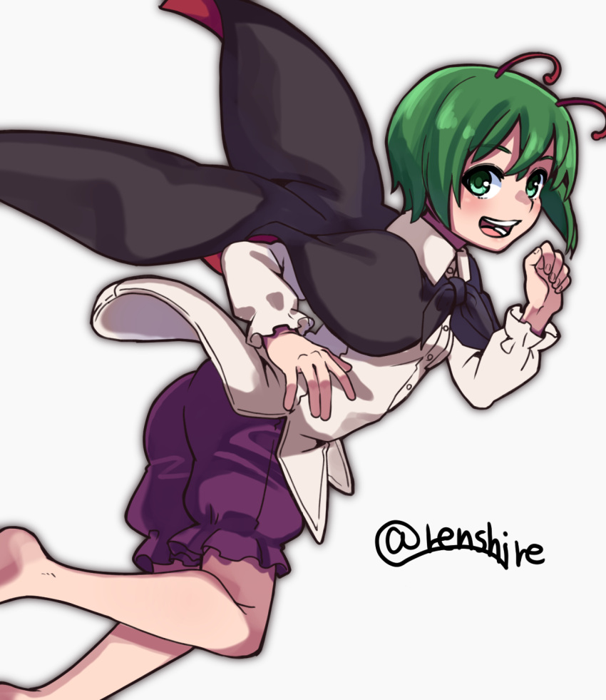 1girl antennae bangs black_cape blush breasts cape collared_shirt commentary feet_out_of_frame frilled_shorts frilled_sleeves frills green_eyes green_hair highres long_sleeves looking_at_viewer one-hour_drawing_challenge open_mouth purple_shorts red_cape renshirenji running shirt short_hair shorts simple_background small_breasts smile solo touhou twitter_username two-sided_cape two-sided_fabric white_background white_shirt wriggle_nightbug