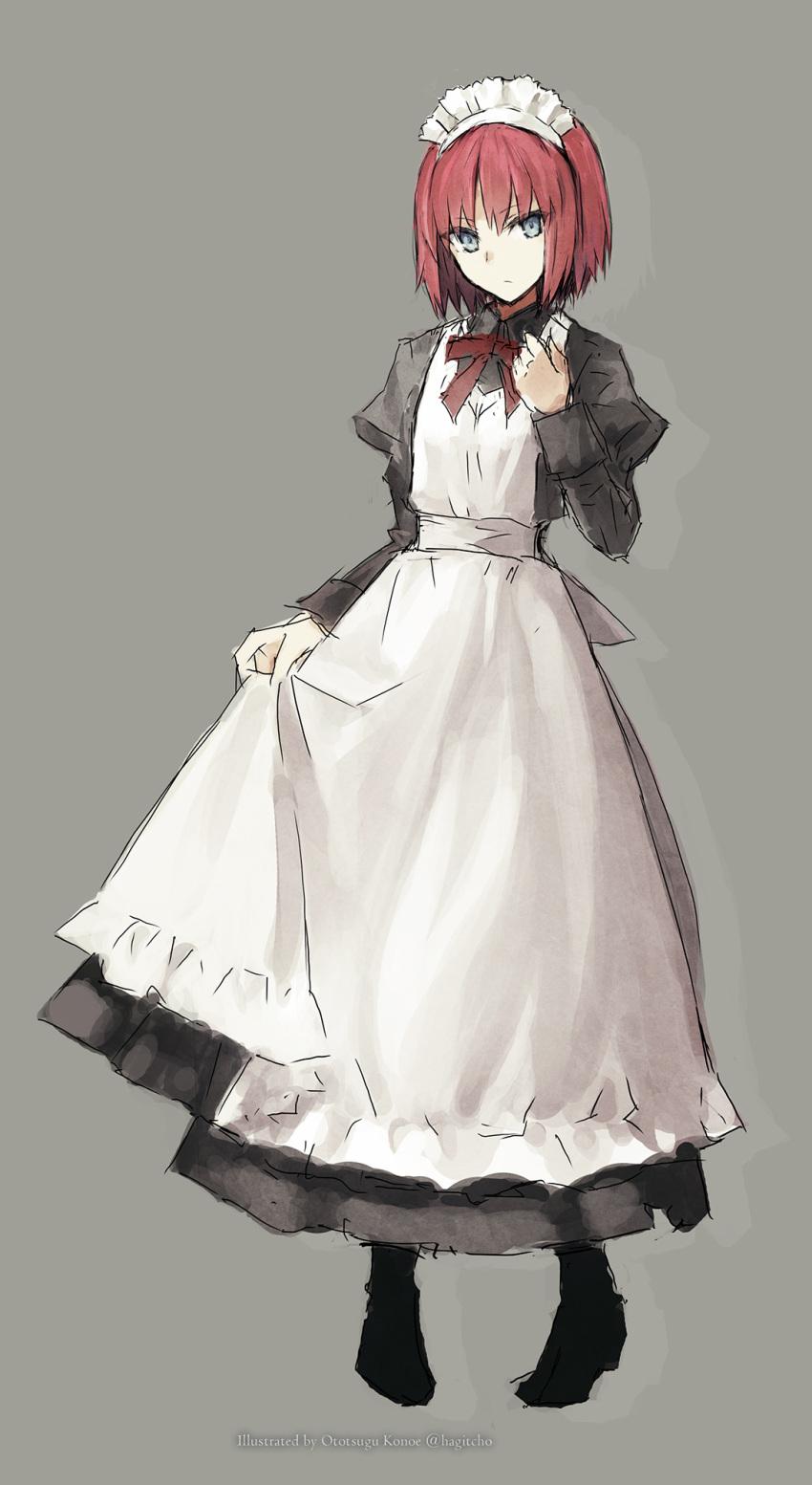 1girl apron artist_name bangs black_dress black_footwear blue_eyes closed_mouth commentary dress eyebrows_visible_through_hair full_body grey_background highres hisui_(tsukihime) juliet_sleeves konoe_ototsugu long_sleeves looking_at_viewer maid maid_apron maid_headdress neck_ribbon puffy_sleeves red_ribbon redhead ribbon short_hair simple_background skirt_hold solo tsukihime tsukihime_(remake) twitter_username white_apron