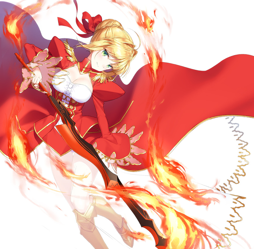 1girl ahoge blonde_hair blurry breasts cleavage corset fate/extra fate/grand_order fate_(series) flower green_eyes hair_flower hair_ornament highres holding holding_sword holding_weapon kinoto_(shima_je) looking_at_viewer nero_claudius_(fate)_(all) ocean petals saber_extra short_hair smile solo sword weapon