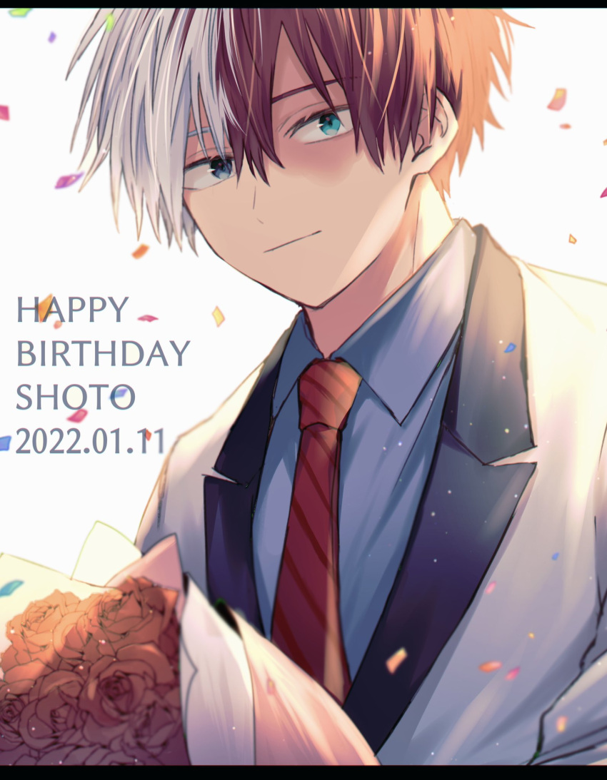 bangs blue_eyes boku_no_hero_academia bouquet burn_scar character_name collared_shirt confetti dated english_text hair_between_eyes happy_birthday heterochromia highres light_smile long_bangs looking_at_viewer male_focus multicolored_hair necktie redhead rio_18 scar scar_on_face shirt short_hair smile split-color_hair suit_jacket todoroki_shouto two-tone_hair white_background white_hair