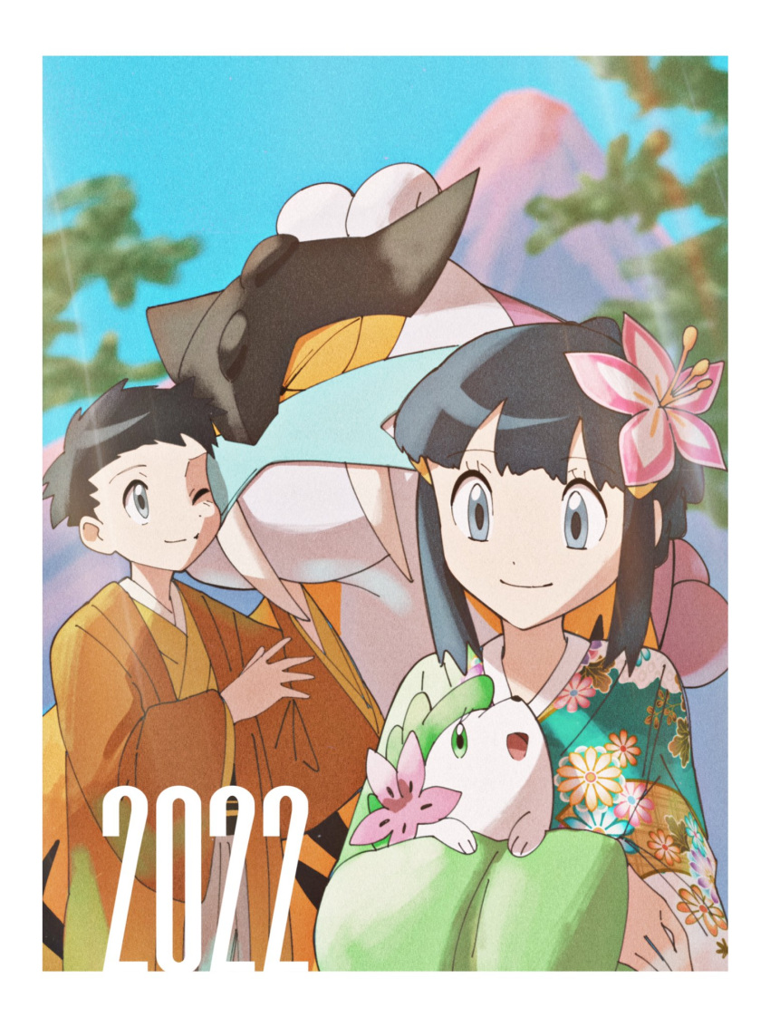 1boy 1girl 2022 bangs black_hair border chinese_zodiac closed_mouth commentary_request day eyelashes flower green_kimono grey_eyes hair_flower hair_ornament hairclip highres hikari_(pokemon) holding holding_pokemon hungry_seishin japanese_clothes kimono lucas_(pokemon) one_eye_closed outdoors pink_flower pokemon pokemon_(creature) pokemon_(game) pokemon_dppt raikou shaymin shaymin_(land) short_hair sidelocks smile white_border year_of_the_tiger