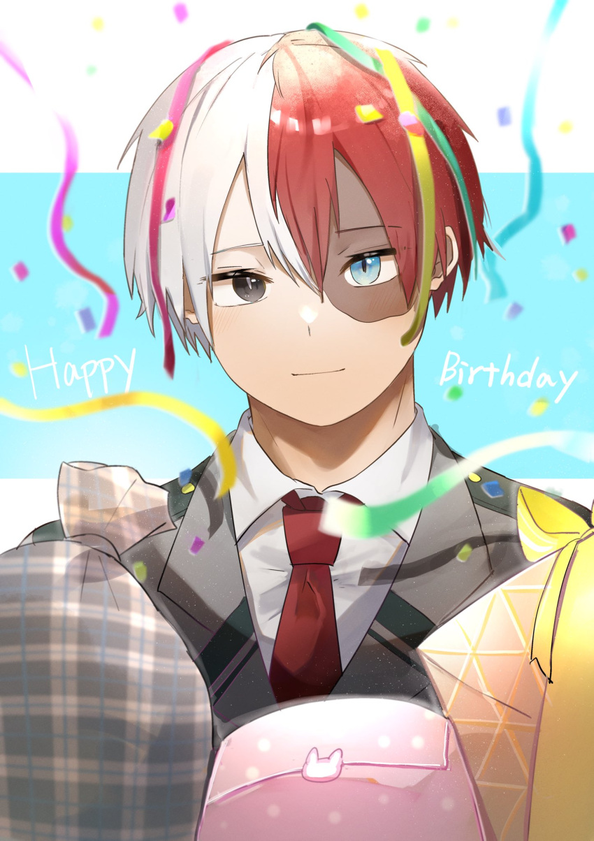 1boy bangs blue_eyes boku_no_hero_academia burn_scar confetti english_text gift hair_between_eyes happy_birthday head_tilt heterochromia highres light_blush light_smile long_bangs looking_at_viewer male_focus multicolored_hair object_on_head oha7l portrait redhead scar scar_on_face school_uniform shadow short_hair simple_background slit_pupils smile solo split-color_hair streamers todoroki_shouto two-tone_hair u.a._school_uniform white_hair