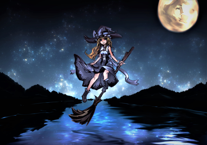 1girl absurdres bangs black_dress black_footwear blonde_hair boots bow breasts broom broom_riding closed_mouth commentary_request cross-laced_footwear dress eyebrows_visible_through_hair flying full_body full_moon hat hat_bow highres kirisame_marisa long_hair looking_at_viewer mask_3dcg moon night sky sleeveless sleeveless_dress small_breasts smile solo star_(sky) starry_sky touhou water white_bow witch_hat