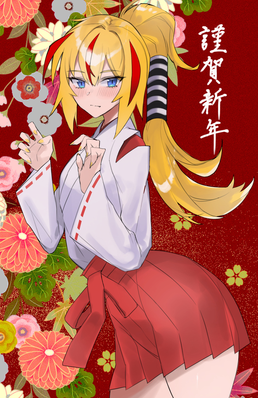 1girl 2022 absurdres bangs blonde_hair blue_eyes chinese_text eyebrows_visible_through_hair fang flower hair_between_eyes hair_ornament hair_tubes hakama highres japanese_clothes kataku_musou kimono long_hair looking_at_viewer miko nail_polish new_year original ponytail red_background red_hakama red_skirt simple_background skirt slit_pupils solo tied_hair wide_sleeves yellow_nails