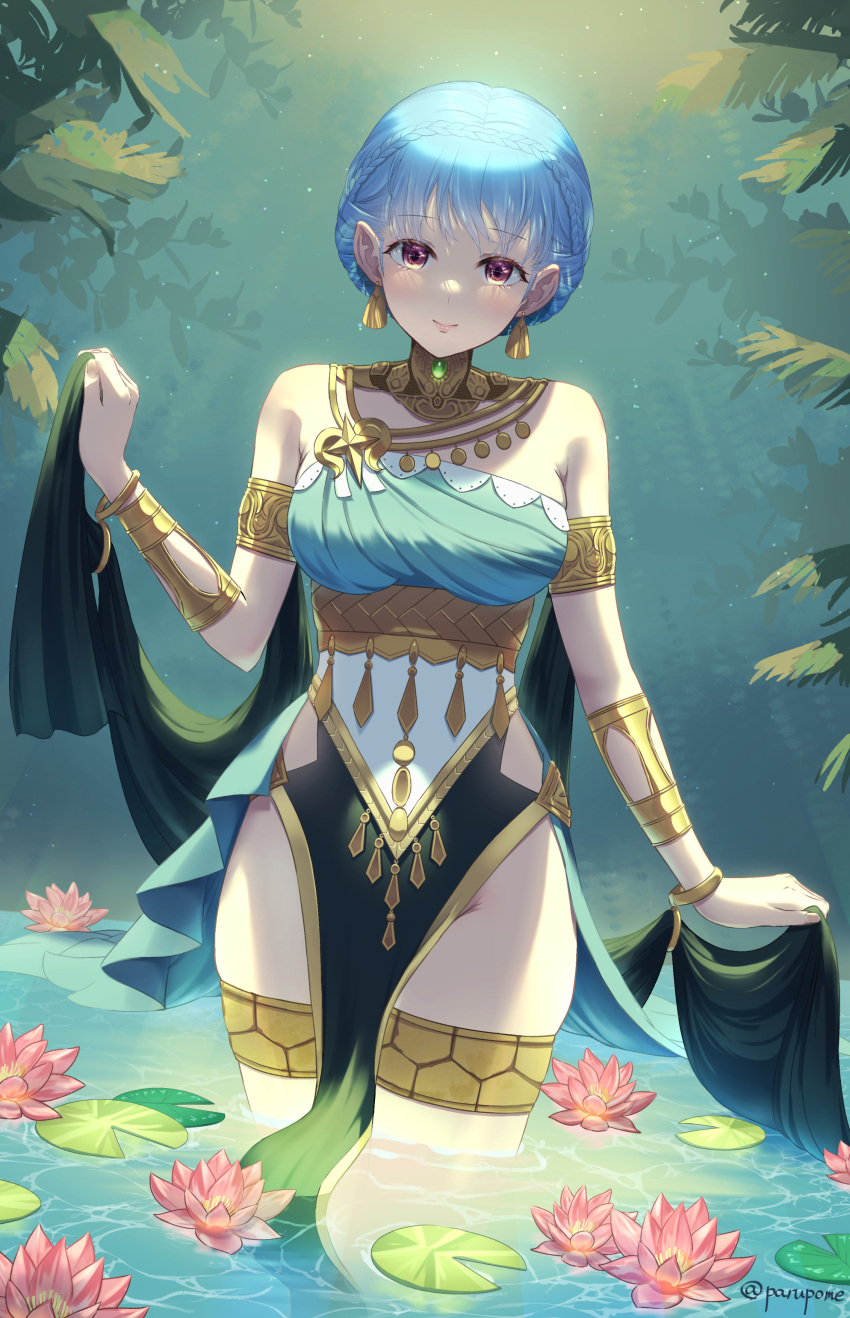 1girl absurdres bare_shoulders blue_hair bracelet braid breasts brown_eyes crown_braid dancer dancer_(three_houses) dappled_sunlight dress earrings fire_emblem fire_emblem:_three_houses fire_emblem_heroes flower groin highres jewelry leaf light_rays lily_pad looking_at_viewer marianne_von_edmund medium_breasts official_alternate_costume outdoors partially_submerged parupome pelvic_curtain short_hair sideboob single-shoulder_dress smile solo sunbeam sunlight thighlet thighs twitter_username water water_lily_flower wet wet_clothes