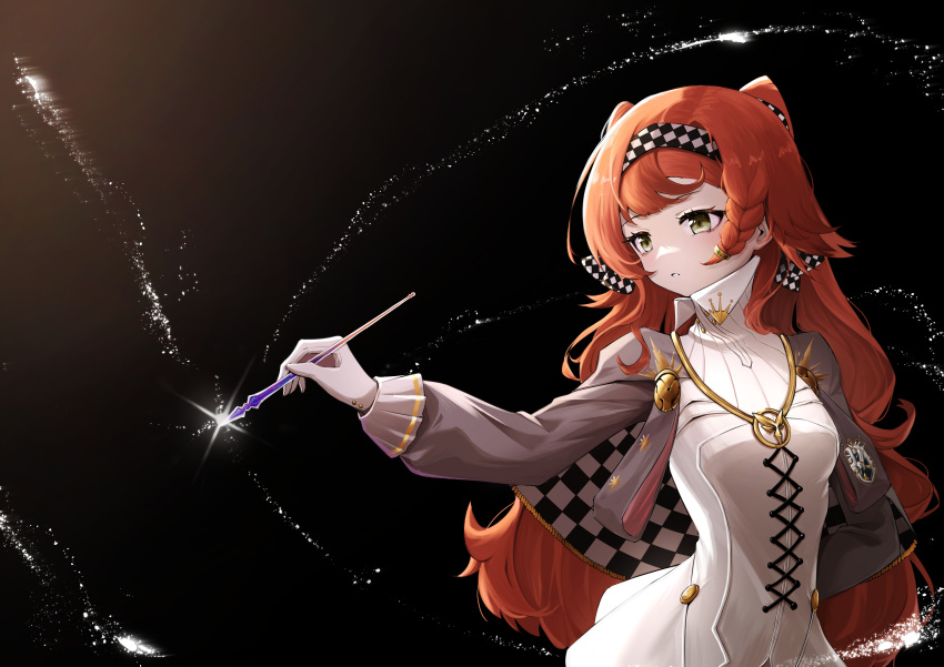 1girl absurdres badge black_background chessboard chinese_commentary commentary_request dress green_eyes hairband high_collar highres jacket jewelry long_hair magic ningjuice paintbrush partial_commentary redhead reverse:1999 solo sonneto_(reverse:1999) white_dress
