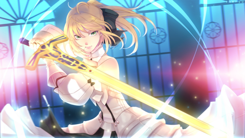 1girl armor armored_dress artoria_pendragon_(all) black_bow blonde_hair blue_sky bow breastplate caliburn dress eyebrows_visible_through_hair fate/grand_order fate/unlimited_codes fate_(series) faulds floating_hair gauntlets green_eyes hair_between_eyes hair_bow hands_on_hilt highres long_hair looking_at_viewer outdoors petals ponytail saber_lily sher_(pixiv1771474) signature sleeveless sleeveless_dress solo standing white_dress