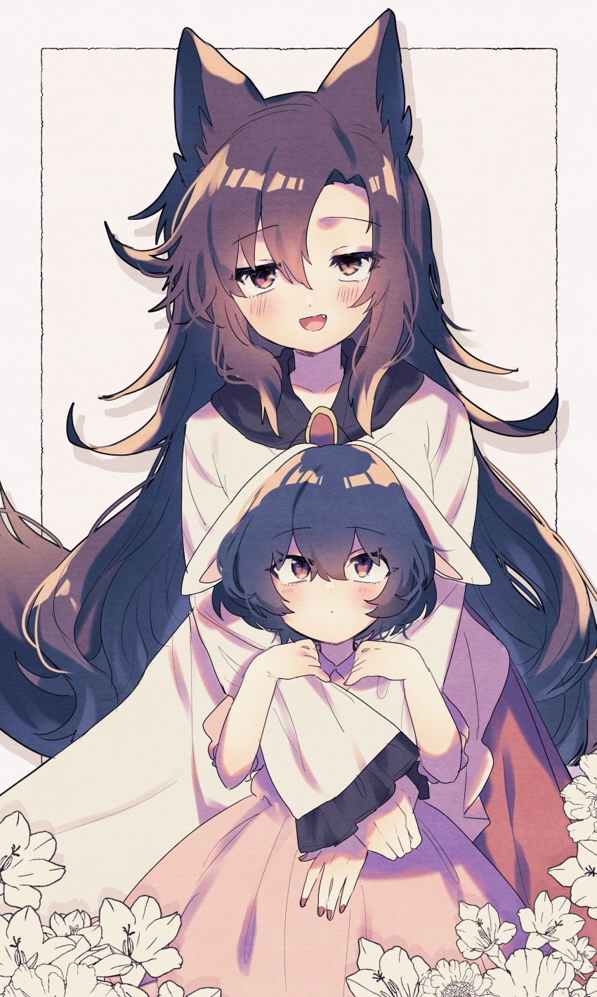 2girls :d absurdres animal_ears bangs black_hair blush brooch brown_hair collarbone commentary_request dot_mouth dress eyebrows_visible_through_hair eyelashes fang feet_out_of_frame frilled_dress frills furrowed_brow hair_between_eyes haruwaka_064 heart height_difference highres imaizumi_kagerou inaba_tewi jewelry long_sleeves multiple_girls nail_polish open_mouth pink_dress pink_eyes rabbit_ears red_nails shiny shiny_hair short_hair sidelocks smile standing sweatdrop tail tongue touhou v-shaped_eyebrows wide_sleeves wolf_ears wolf_girl wolf_tail