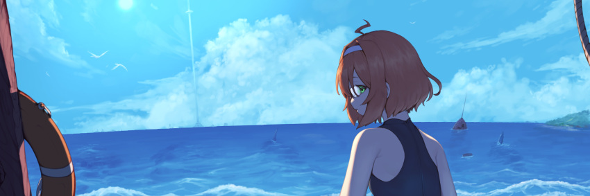 1girl ahoge bare_shoulders bird clouds cloudy_sky cowlick glasses green_eyes headband highres horizon lifebuoy looking_back ocean original redhead rope rou_(rou22) ruins seagull short_hair sky tower