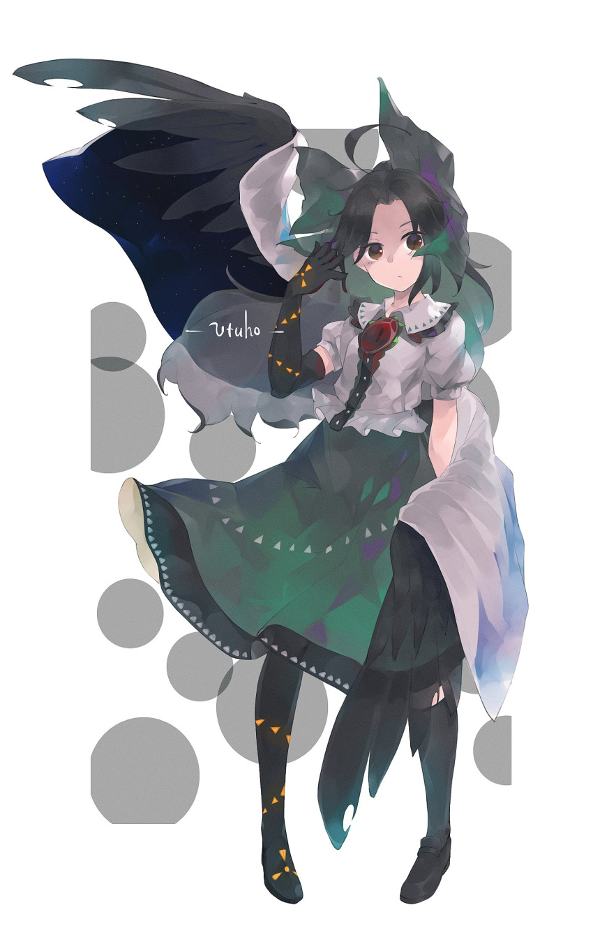 1girl ahoge arm_behind_back asymmetrical_legwear bird_wings black_footwear black_hair black_wings bow brown_eyes buttons cape character_name closed_mouth collared_shirt commentary elbow_gloves expressionless eyebrows_visible_through_hair feathered_wings forehead frilled_shirt frilled_shirt_collar frills full_body gloves green_bow green_skirt hair_bow hand_up highres kneehighs long_hair looking_at_viewer o_(crazyoton46) puffy_short_sleeves puffy_sleeves radiation_symbol reiuji_utsuho shirt shoes short_sleeves single_elbow_glove single_kneehigh single_thighhigh skirt solo standing starry_sky_print thigh-highs third_eye touhou white_cape white_shirt wings
