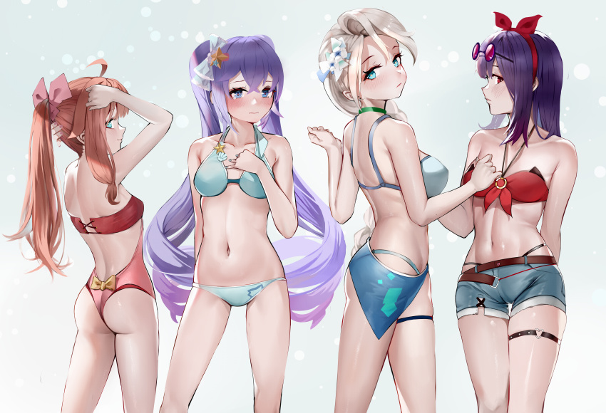 4girls a-soul absurdres ass ava_(a-soul) back bangs bare_arms bare_shoulders bella_(a-soul) belt bikini bikini_under_clothes blue_bikini blue_eyes bow_hairband breasts brown_belt cowboy_shot diana_(a-soul) eileen_(a-soul) eyewear_on_head flower hair_between_eyes hair_flower hair_ornament hair_ribbon hairband halter_top halterneck hand_on_own_chest highres large_breasts long_hair looking_at_viewer looking_back medium_breasts multiple_girls nail_polish navel ponytail purple_hair red_bikini red_eyes redhead ribbon sarong short_shorts shorts sideways_glance silver_hair small_breasts standing star_(symbol) star_hair_ornament string_bikini sunglasses swimsuit tearing_up thigh_strap touhoureporter twintails very_long_hair white_hair