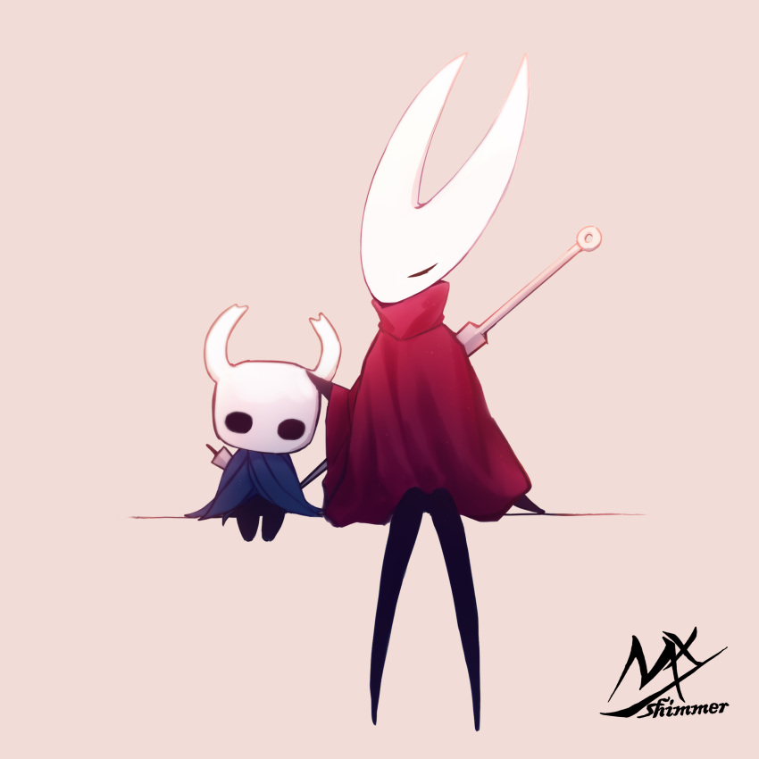 2others absurdres artist_name blue_cloak brown_background cloak closed_eyes commentary headpat highres hollow_eyes hollow_knight hornet_(hollow_knight) knight_(hollow_knight) multiple_others over_shoulder red_cloak shimmer signature simple_background sitting symbol-only_commentary weapon weapon_over_shoulder