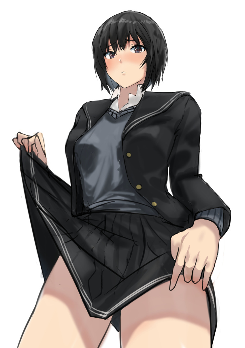 1girl :&lt; absurdres amagami black_cardigan black_hair black_skirt blush cardigan clothes_lift commentary cowboy_shot dress_shirt foreshortening from_below grey_sweater_vest highres kibito_high_school_uniform lifted_by_self long_sleeves looking_at_viewer nanasaki_ai nose_blush open_cardigan open_clothes parted_lips perspective pleated_skirt raised_eyebrows school_uniform shirt short_hair simple_background skirt skirt_lift solo standing sweater_vest white_background white_shirt ykh1028