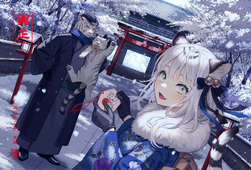 1boy 1girl :d animal animal_ear_fluff animal_ears aqua_eyes bamboo_fence bangs bell black_footwear black_gloves blue_coat blue_kimono blue_scarf chinese_zodiac coat commentary dutch_angle ema esukee fang fedora fence floral_print fur_collar furry furry_male gloves hair_bell hair_ornament hair_ribbon hand_on_hip hat highres holding holding_animal holding_ema japanese_clothes kimono long_hair looking_at_viewer looking_back nengajou new_year open_mouth original outdoors ribbon scarf shoes shrine skin_fang smile snow snowing standing tail tiger tiger_cub tiger_ears tiger_girl tiger_tail torii tree white_hair white_tiger winter yukata
