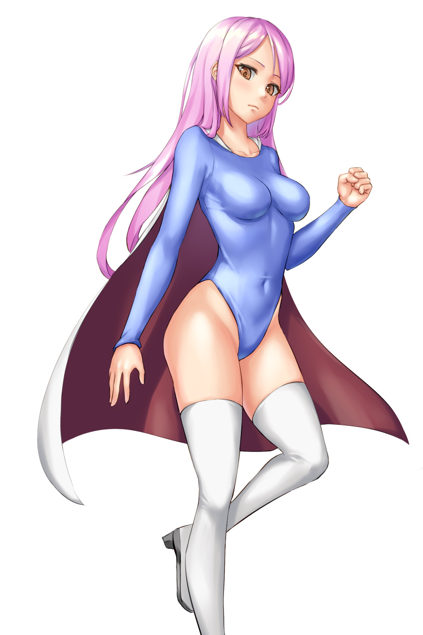 1girl absurdres blue_leotard boots breasts brown_eyes cape covered_navel edchi feet_out_of_frame highleg highleg_leotard highres impossible_clothes impossible_leotard leotard long_hair medium_breasts original pink_hair solo standing standing_on_one_leg superhero thigh-highs thigh_boots white_cape white_footwear white_legwear