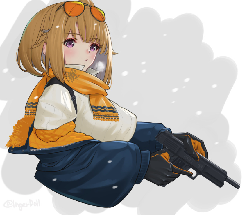 1girl bangs black_gloves blue_jacket blush brown_hair closed_mouth eyebrows_visible_through_hair eyewear_on_head girls_frontline gloves grizzly_mkv_(girls'_frontline) gun handgun holding holding_gun holding_weapon ingerdoll jacket jacket_pull looking_at_viewer medium_hair orange_scarf pistol scarf simple_background snowflakes solo sweater twitter_username upper_body violet_eyes weapon white_sweater