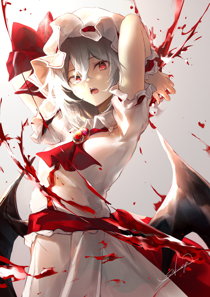 1girl absurdres arms_up ascot bat_wings blood brooch cowboy_shot glint gradient gradient_background grey_background grey_hair hair_between_eyes hat highres jewelry looking_at_viewer low_wings medium_hair mob_cap open_mouth red_ascot red_eyes remilia_scarlet sakusyo signature simple_background solo touhou wings