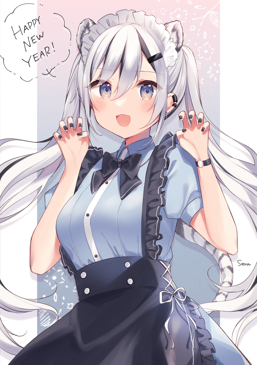 1girl :d absurdres animal_ear_fluff animal_ears apron black_apron black_bow black_hair black_nails blue_eyes blue_shirt bow breasts chinese_zodiac claw_pose collared_shirt commentary dress_shirt ear_piercing frilled_apron frills hair_ornament hairclip hands_up happy_new_year highres maid_headdress medium_breasts multicolored_hair nail_polish new_year original piercing shiino_sera shirt silver_hair smile solo streaked_hair tail tiger_ears tiger_girl tiger_tail twintails watch watch year_of_the_tiger