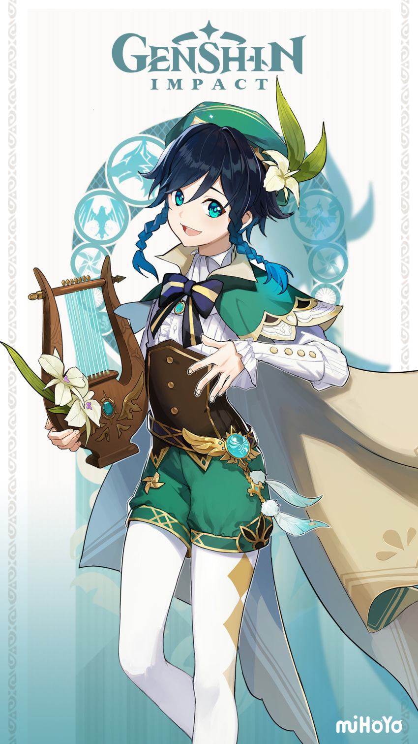 1boy belt beret blue_hair bow bowtie braid cape capelet company_name feathers flower genshin_impact hair_flower hair_ornament hat highres leaf lyre official_art open_mouth solo teeth twin_braids venti_(genshin_impact) vision_(genshin_impact)