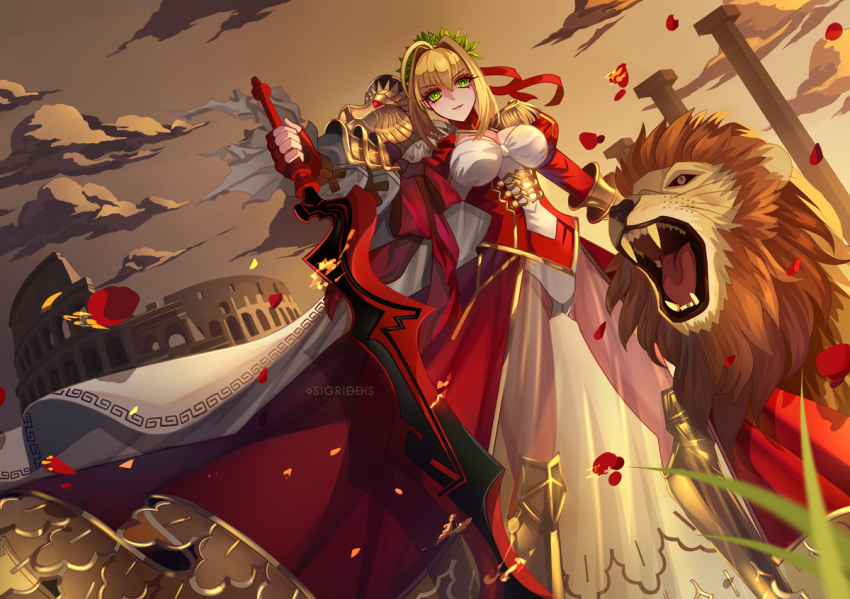 1girl ahoge blonde_hair blurry breasts cleavage corset fate/extra fate/grand_order fate_(series) flower green_eyes hair_flower hair_ornament highres looking_at_viewer nero_claudius_(fate)_(all) ocean petals saber_extra short_hair sigriddis smile solo sword weapon