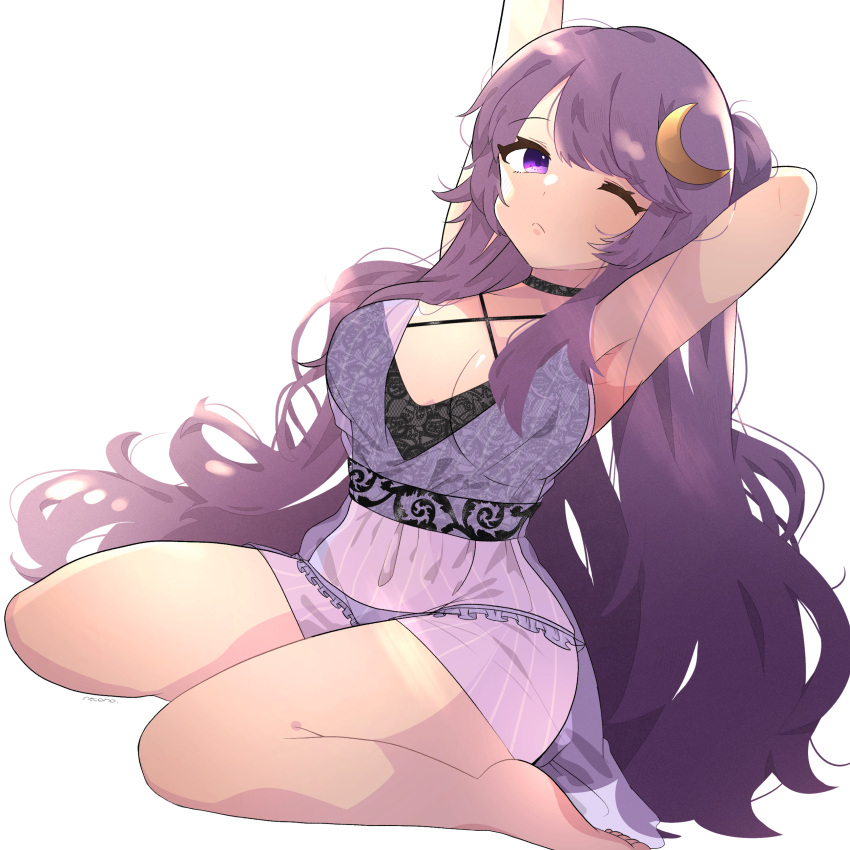 1girl absurdres armpits arms_up bangs bare_shoulders black_choker breasts choker closed_mouth crescent crescent_hair_ornament double_bun dress eyebrows_visible_through_hair grey_background hair_between_eyes hair_ornament hands_up highres leaf long_hair looking_at_viewer medium_breasts necono_(nyu6poko) one_eye_closed panties patchouli_knowledge purple_dress purple_hair purple_panties sitting sleeveless sleeveless_dress solo sunlight touhou underwear violet_eyes wariza white_background