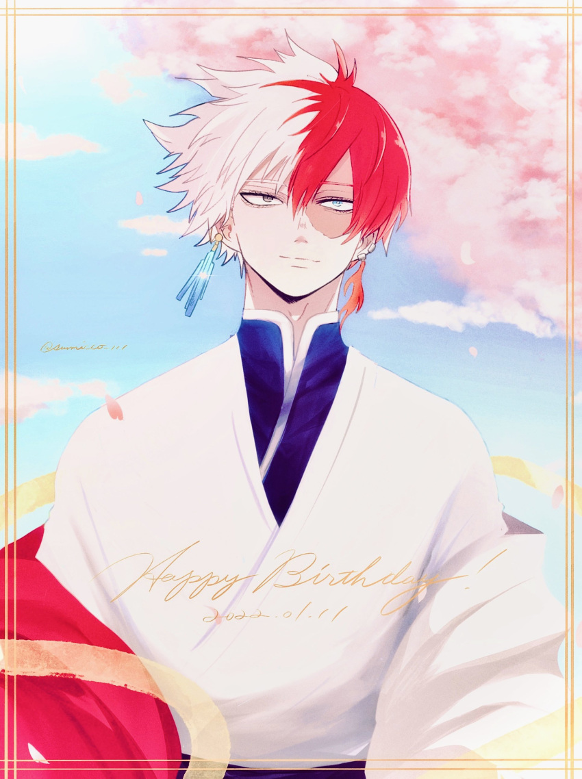 1boy absurdres bangs blue_eyes blue_sky boku_no_hero_academia border burn_scar cherry_blossoms dated day earrings english_text falling_petals flamel_symbol foreground_text hair_between_eyes hair_blowing happy_birthday heterochromia highres ice_crystal jewelry light_smile long_bangs looking_at_viewer male_focus multicolored_hair petals raised_eyebrow redhead scar scar_on_face short_hair signature sky smile solo split-color_hair sumicco_111 text_focus todoroki_shouto traditional_clothes two-tone_hair upper_body white_hair wind