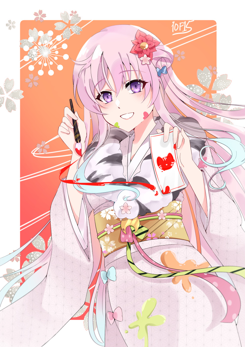 1girl absurdres airani_iofifteen airani_iofifteen_(artist) blue_bow blue_hair border bow eyebrows_visible_through_hair flower fur_collar gradient_hair hair_between_eyes hair_flower hair_ornament highres holding holding_paintbrush holding_paper hololive hololive_indonesia japanese_clothes kimono long_hair looking_at_viewer multicolored_hair obi orange_background paint_splatter paint_splatter_on_face paintbrush paper pink_bow pink_hair red_flower sash signature smile solo violet_eyes virtual_youtuber white_border white_flower white_kimono