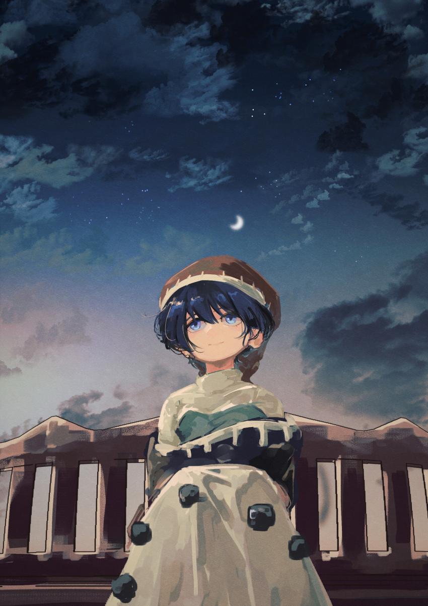 1girl absurdres bangs bench black_dress blue_eyes blue_hair clouds cloudy_sky commentary crescent_moon doremy_sweet dress eyebrows_behind_hair hair_between_eyes hat highres looking_afar looking_up moon multicolored_clothes multicolored_dress night night_sky nightcap on_bench outdoors pom_pom_(clothes) red_headwear short_hair sitting sky smile solo star_(sky) starry_sky totopepe888 touhou white_dress
