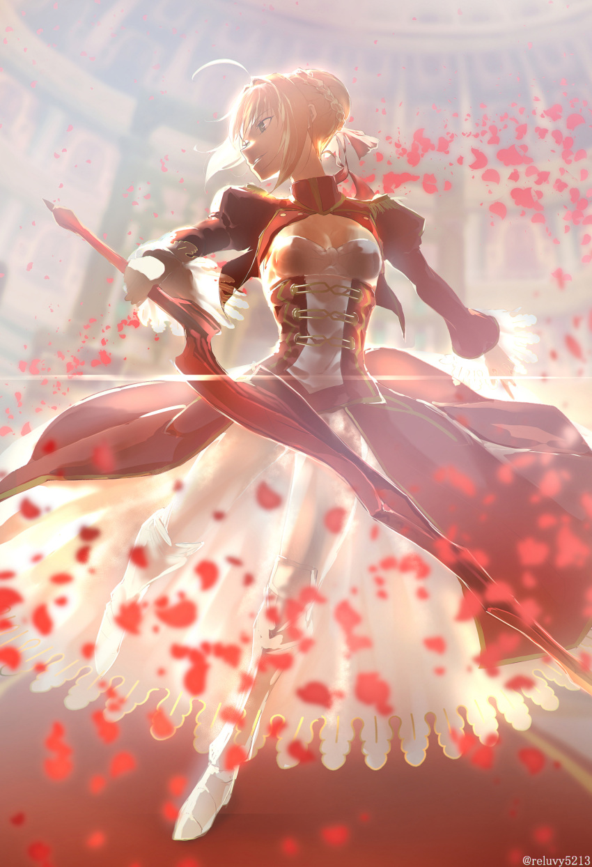 1girl ahoge blonde_hair blurry breasts cleavage corset fate/extra fate/grand_order fate_(series) flower green_eyes hair_flower hair_ornament highres holding holding_sword holding_weapon looking_at_viewer nero_claudius_(fate)_(all) ocean petals reluvy5213 saber_extra short_hair smile solo sword weapon