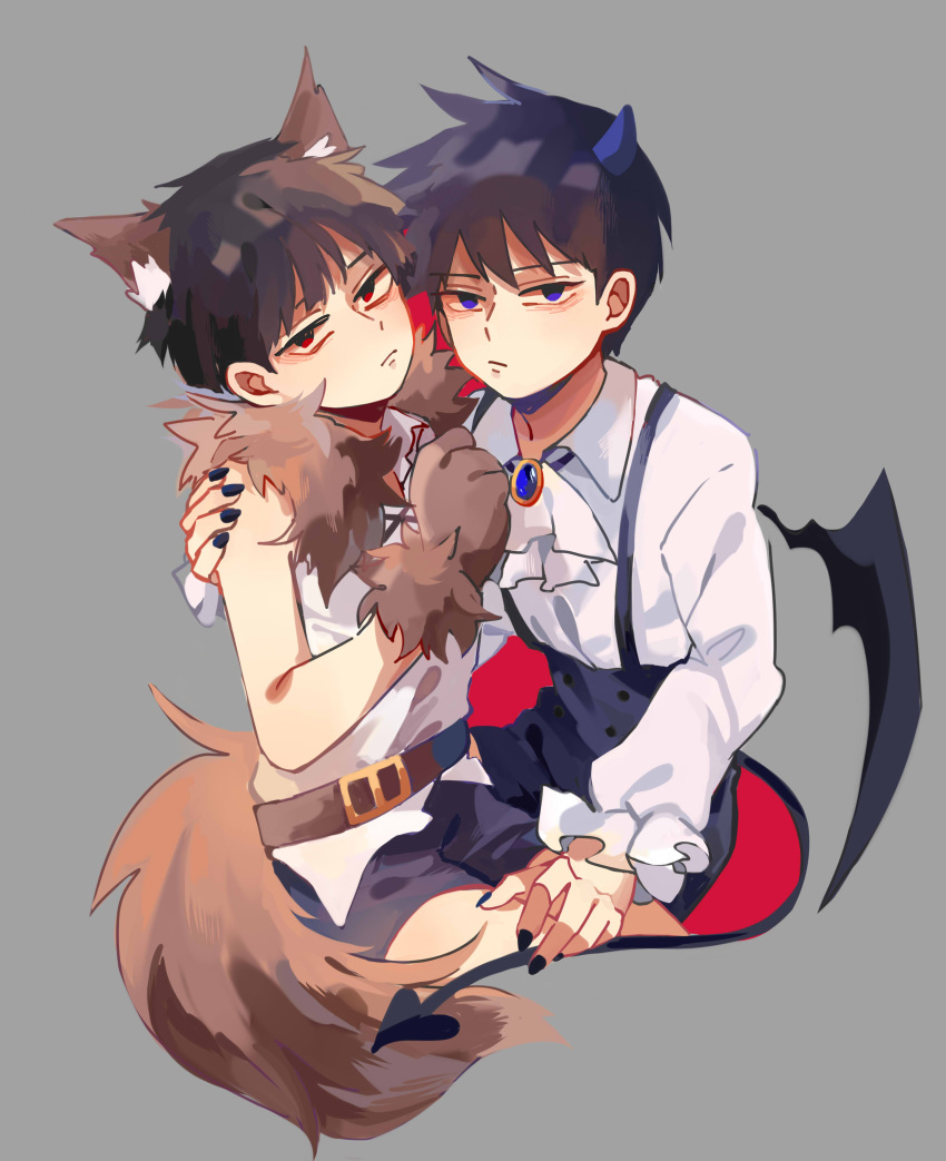 2boys absurdres animal_ears animal_hands ascot black_hair black_nails black_shorts blue_eyes brooch brown_hair closed_mouth commentary_request crossdressing demon_horns demon_tail demon_wings dog_ears dog_tail fur_collar gloves grey_background hand_on_another's_shoulder hand_on_another's_thigh highres horns jewelry kageyama_ritsu kageyama_shigeo long_sleeves looking_at_viewer male_focus mob_psycho_100 mogutofuoes multiple_boys paw_gloves red_eyes shirt short_hair shorts simple_background skirt sleeveless sleeveless_shirt suspender_skirt suspenders tail white_ascot white_shirt wings