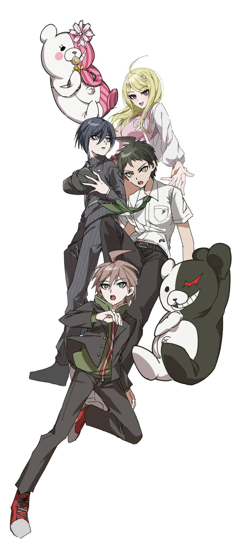 1girl 3boys :d :o absurdres ahoge akamatsu_kaede backpack bag bangs belt black_belt black_hair black_headwear black_pants blonde_hair breast_pocket breasts brown_footwear brown_hair buttons collared_shirt danganronpa:_trigger_happy_havoc danganronpa_(series) danganronpa_2:_goodbye_despair danganronpa_v3:_killing_harmony eyebrows_visible_through_hair flower green_hoodie green_necktie grin hair_ornament hairclip hat headwear_removed highres hinata_hajime holding holding_clothes holding_hat hood hood_down hoodie jacket large_breasts long_hair long_sleeves monofunny monokuma multiple_boys musical_note_hair_ornament naegi_makoto necktie pants pink_flower pink_vest pocket saihara_shuuichi shirt shoes short_hair short_sleeves simple_background smile striped striped_jacket striped_pants vest white_background white_shirt zetsujo_(mayoilove2)