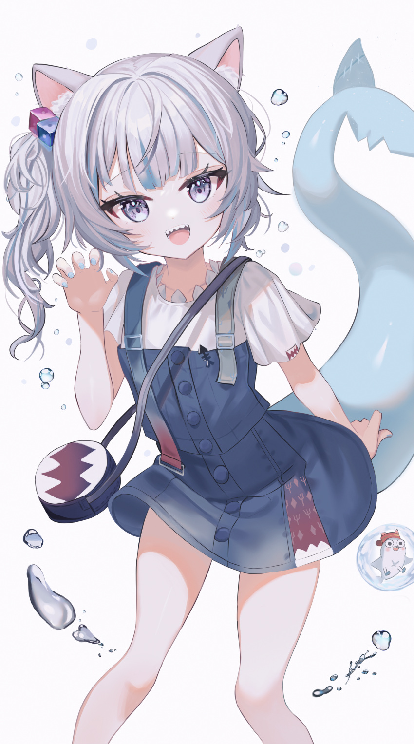1girl :d absurdres animal_ears arm_behind_back bangs collarbone commentary_request eyebrows_visible_through_hair fangs feet_out_of_frame fish_tail foreshortening gawr_gura grey_background grey_eyes grey_hair grey_nails highres hololive hololive_english kimu_(yyhhoo23232) legs_apart looking_at_viewer one_side_up open_mouth paw_pose shark_tail shirt short_hair simple_background smile solo standing tail tied_hair virtual_youtuber water_drop white_shirt