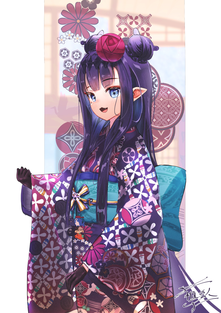 1girl :3 :d absurdres bangs black_gloves blue_eyes clenched_hand commentary_request double_bun eyebrows_visible_through_hair fang flower gloves hair_behind_ear hair_flower hair_ornament highres hololive hololive_english japanese_clothes kimono long_hair long_sleeves looking_at_viewer mole mole_under_eye ninomae_ina'nis obi open_mouth pink_flower pointy_ears print_kimono purple_hair purple_kimono sash shiina_rei signature smile solo standing virtual_youtuber