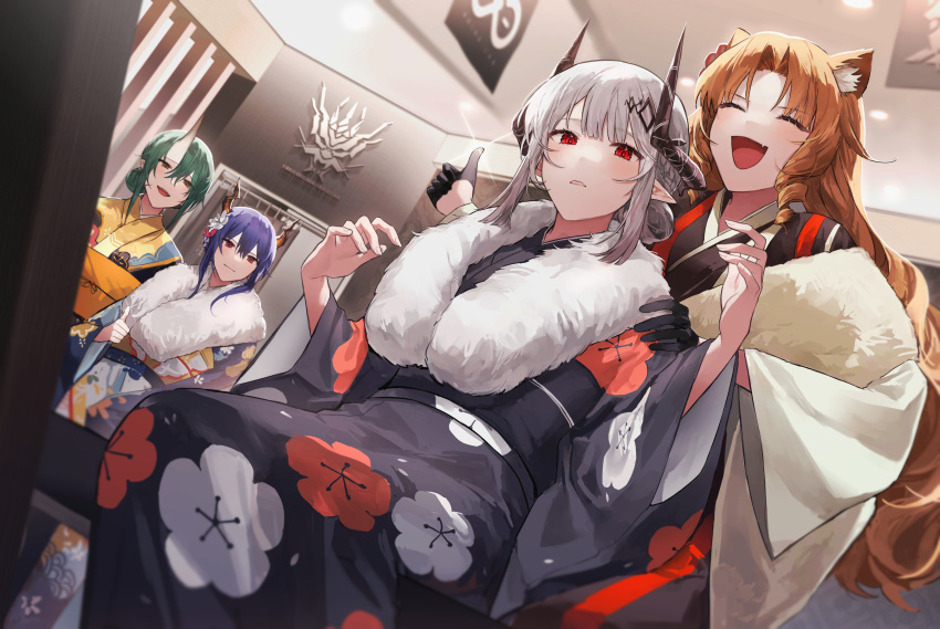 4girls absurdres alternate_costume alternate_hairstyle animal_ears arknights bangs black_gloves black_kimono blue_hair brown_eyes brown_hair cat_ears ch'en_(arknights) closed_eyes closed_mouth commentary_request curtains dutch_angle fang floral_print flower from_below fur_collar gloves green_hair hair_bun hair_flower hair_ornament half_gloves hands_on_another's_shoulders hands_up highres horns hoshiguma_(arknights) indoors japanese_clothes kimono laughing light_blush light_smile long_hair long_sleeves looking_at_another looking_at_viewer lyas mudrock_(arknights) multiple_girls obi obijime oni oni_horns open_mouth parted_lips pointy_ears red_eyes sash sidelocks single_horn sitting skin_fang smile spots standing swire_(arknights) swirl thumbs_up white_hair wide_sleeves yellow_kimono