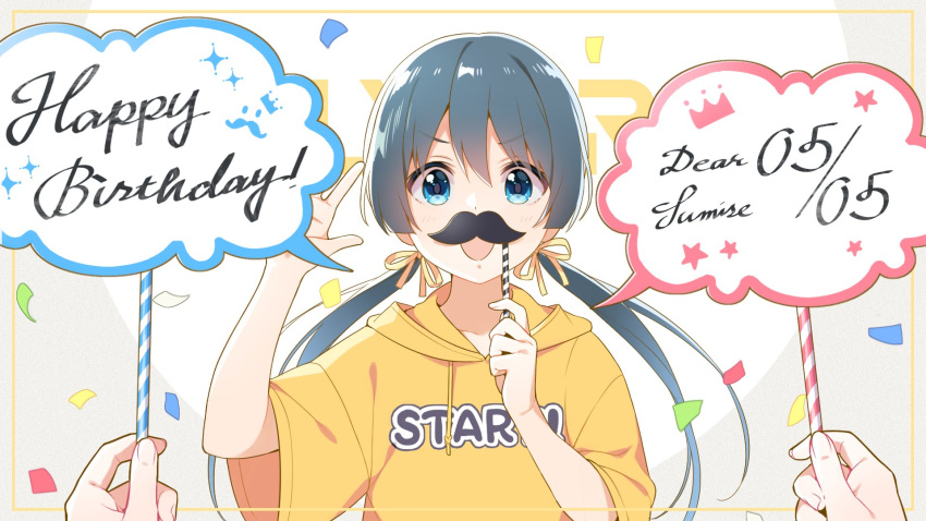 1girl birthday blue_eyes fake_facial_hair fake_mustache green_hair happy_birthday highres idoly_pride long_hair looking_at_viewer official_art okuyama_sumire open_mouth qp:flapper smile twintails