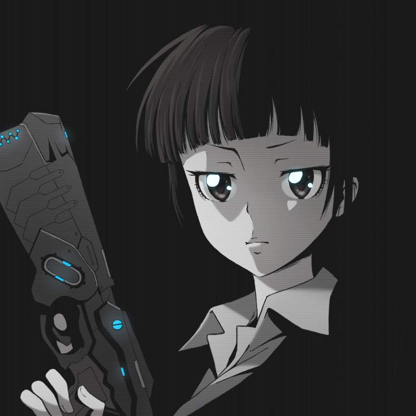 1girl bangs black_background blunt_bangs closed_mouth commentary dominator_(gun) english_commentary glowing glowing_weapon greyscale gun handgun highres holding holding_gun holding_weapon jitome kukie-nyan looking_at_viewer monochrome nose_shade pistol psycho-pass serious shirt short_hair simple_background solo spot_color trigger_discipline tsunemori_akane tsurime upper_body weapon wing_collar