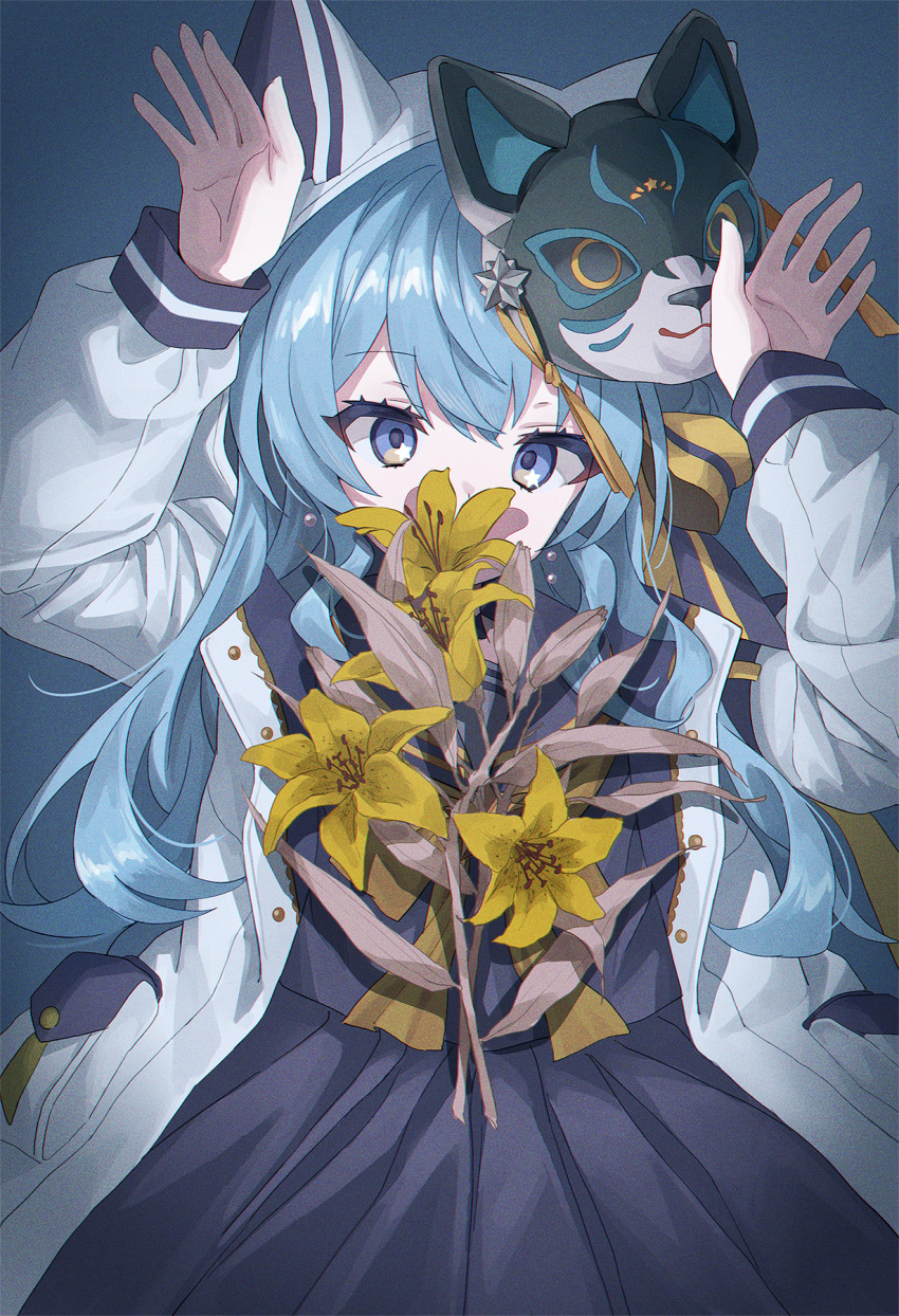 1girl animal_ears animal_hood arms_up bangs black_sailor_collar black_serafuku black_shirt black_skirt blue_background blue_eyes blue_hair chobi_(penguin_paradise) commentary_request covered_mouth eyebrows_visible_through_hair fake_animal_ears flower hair_between_eyes highres hololive hood hood_up hooded_jacket hoshimachi_suisei jacket long_hair long_sleeves looking_at_viewer mask mask_on_head open_clothes open_jacket phony_(cevio) pleated_skirt puffy_long_sleeves puffy_sleeves sailor_collar school_uniform serafuku shirt skirt sleeves_past_wrists solo star_(symbol) star_in_eye symbol_in_eye very_long_hair virtual_youtuber white_jacket yellow_flower