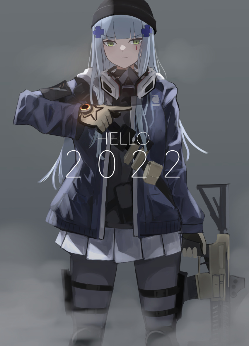 1girl 2022 absurdres agent_416_(girls'_frontline) assault_rifle bangs black_headwear black_legwear blue_hair blue_jacket brown_gloves chcn closed_mouth eyebrows_visible_through_hair feet_out_of_frame girls_frontline gloves green_eyes gun h&amp;k_hk416 hair_ornament hairclip highres hk416_(girls'_frontline) holding holding_gun holding_weapon jacket long_hair looking_at_viewer mask mask_around_neck official_alternate_costume pantyhose rifle skirt solo standing teardrop_facial_mark teardrop_tattoo weapon white_skirt
