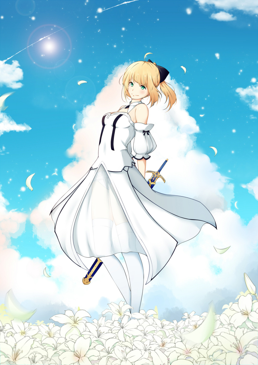 1girl artoria_pendragon_(all) black_bow blonde_hair bow breastplate dress eyebrows_visible_through_hair fate/grand_order fate/unlimited_codes fate_(series) faulds floating_hair gauntlets green_eyes hair_between_eyes hair_bow hands_on_hilt highres kkv long_hair looking_at_viewer outdoors petals ponytail saber_lily signature sleeveless sleeveless_dress solo standing white_dress