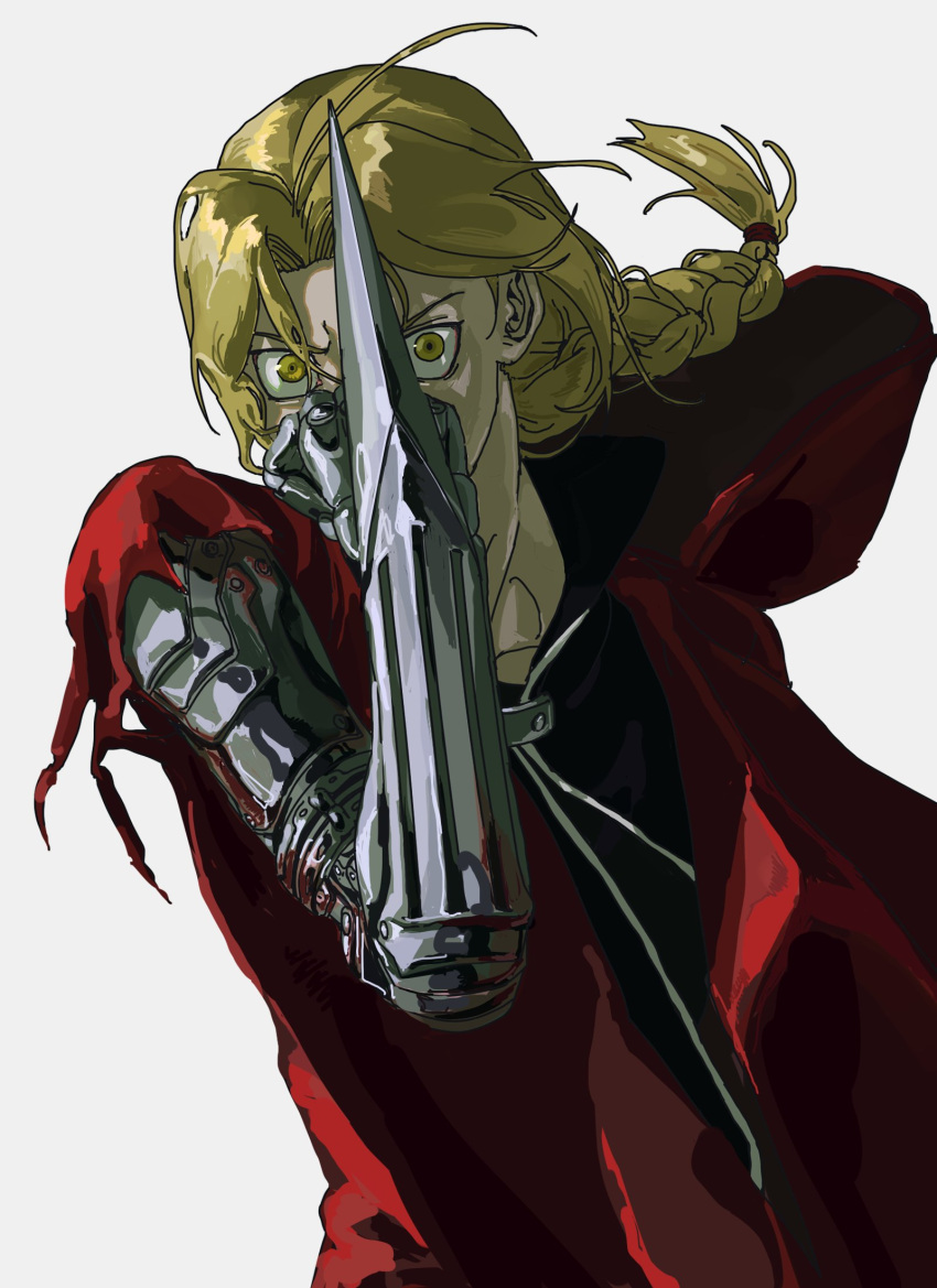 1boy blonde_hair braid braided_ponytail edward_elric fosfatale fullmetal_alchemist highres hood hood_down hoodie long_hair male_focus mechanical_arms ponytail prosthesis prosthetic_arm simple_background single_mechanical_arm solo torn_clothes torn_sleeves white_background wind yellow_eyes