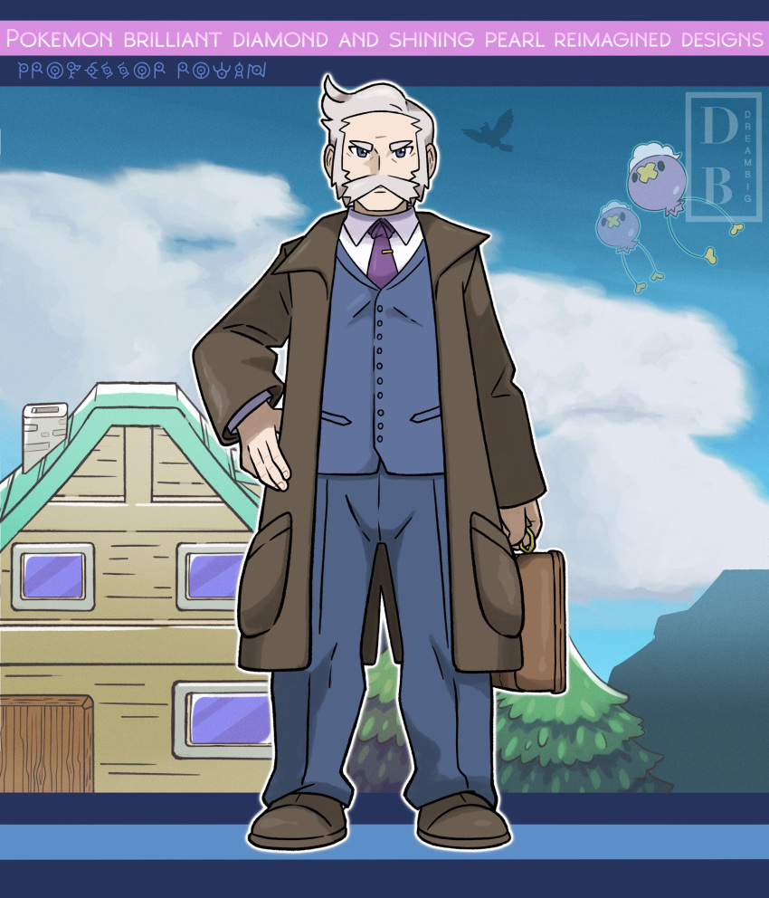1boy blue_jacket blue_pants brown_bag brown_coat brown_footwear buttons closed_mouth coat collared_shirt copyright_name dreambig drifloon facial_hair grey_eyes grey_hair hand_on_hip highres holding jacket long_sleeves looking_at_viewer male_focus mustache necktie open_clothes open_coat outline pants pokemon pokemon_(creature) pokemon_(game) pokemon_bdsp purple_necktie rowan_(pokemon) shirt shoes short_hair standing watermark white_shirt