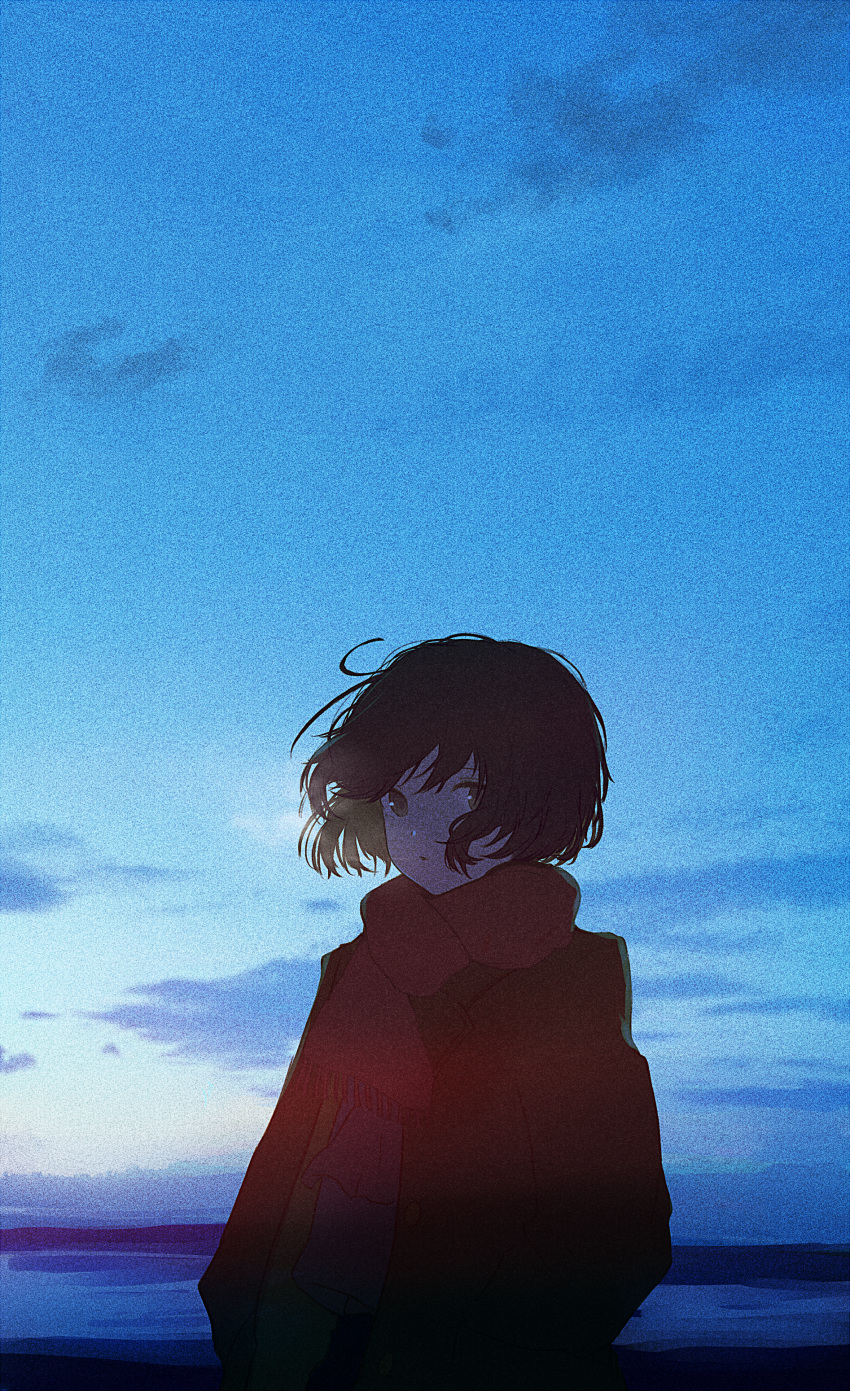 1girl :o absurdres bangs black_hair bob_cut breath brown_eyes clouds coat cold commentary_request film_grain hair_between_eyes highres looking_at_viewer messy_hair mifuru one-hour_drawing_challenge original outdoors parted_lips red_scarf scarf scenery school_uniform serafuku short_hair sidelocks sky solo standing sunset upper_body winter_clothes winter_coat