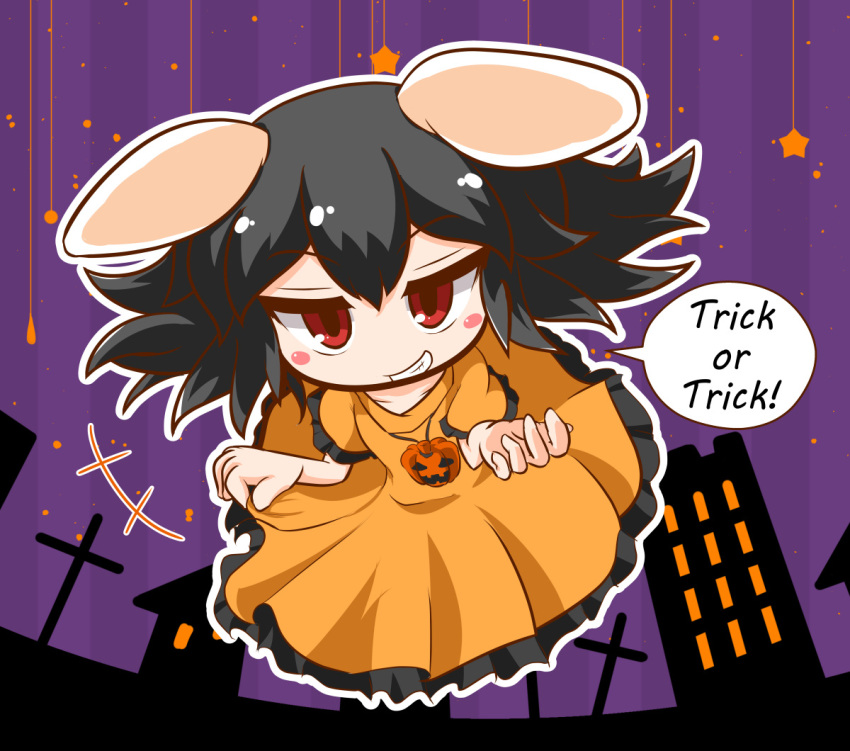 +++ 1girl alternate_color animal_ears bangs black_hair blush building commentary_request cross dress eyebrows_visible_through_hair floppy_ears frilled_dress frilled_sleeves frills full_body grin halloween inaba_tewi jack-o'-lantern jewelry kajiya_no_masa looking_at_viewer medium_hair one-hour_drawing_challenge orange_dress pendant purple_background rabbit_ears red_eyes smile solo star_(symbol) touhou trick_or_treat