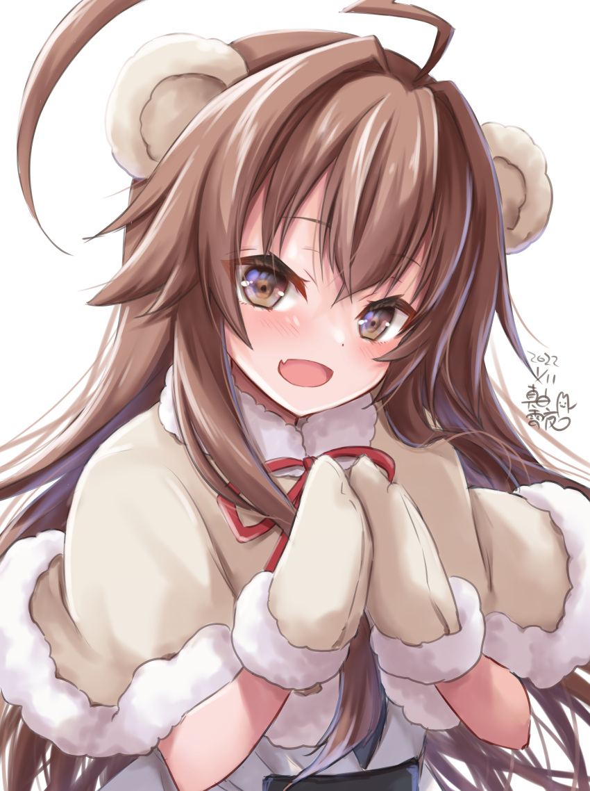 1girl absurdres ahoge alternate_costume animal_ears bear_ears brown_eyes brown_hair capelet fake_animal_ears fang fur-trimmed_capelet fur-trimmed_mittens fur_trim highres huge_ahoge kantai_collection kuma_(kancolle) long_hair mashiro_yukiya mittens open_mouth skin_fang solo upper_body