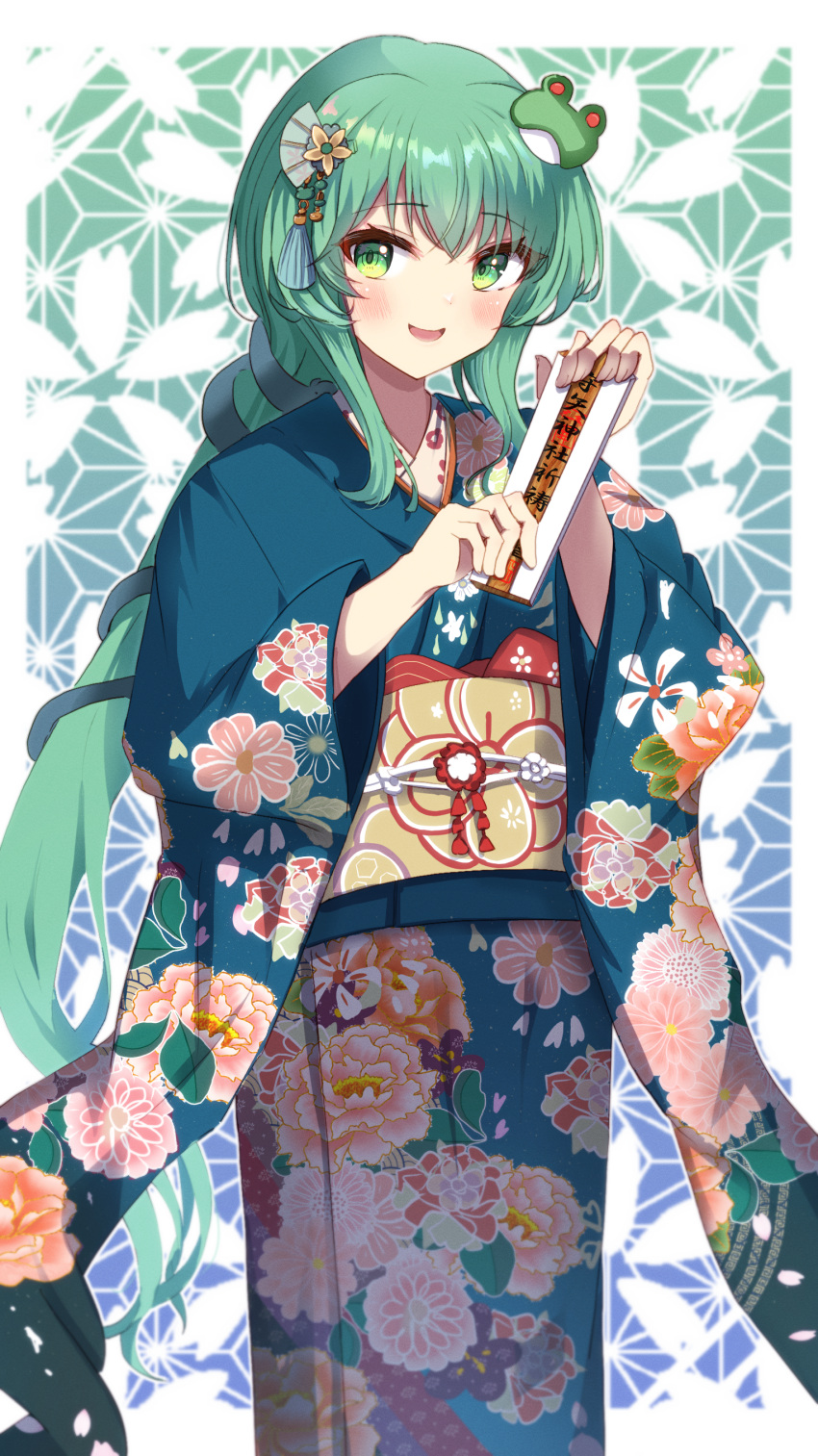1girl absurdres alternate_costume cowboy_shot floral_background floral_print frog_hair_ornament green_eyes green_hair hair_ornament highres holding holding_paper japanese_clothes kimono kochiya_sanae long_hair looking_at_viewer open_mouth paper smile solo toketa-sekai touhou very_long_hair wide_sleeves